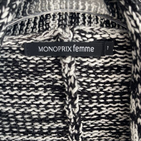 Monoprix Open Cardigan Black White 3/4 Short Sleeve Sweater Chunky Knit M - Picture 2 of 5